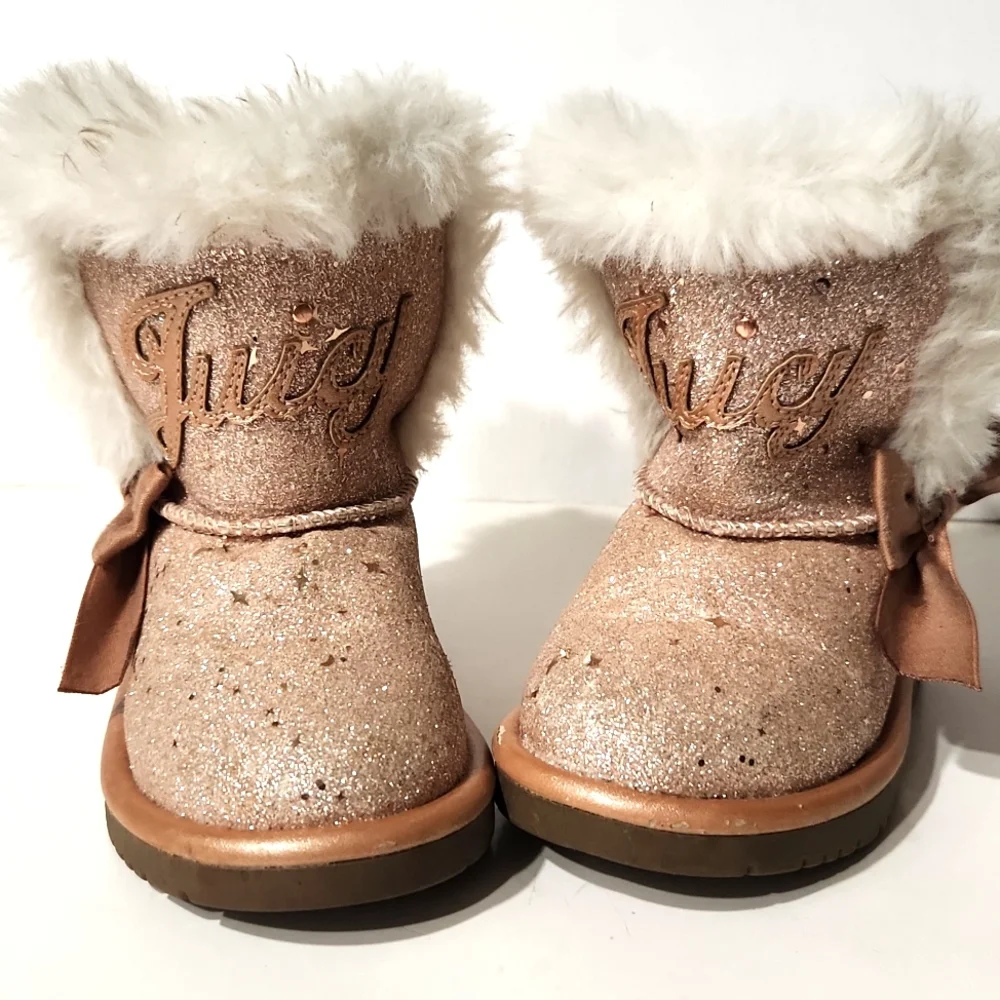 Juicy Couture Windsor Girl's Rose Gold Sparkle Faux Fur Toddler Boots Size 6
